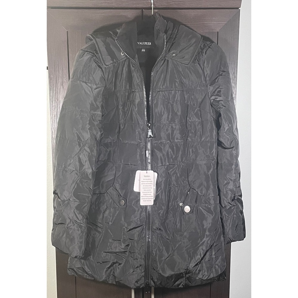 Valuker Black Hooded Puffer Jacket XXS Quilted Winter Coat Fleece Lined NWOT